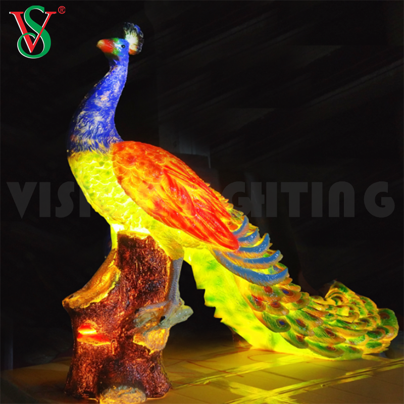 Outdoor Zoo Park Decoration Fiberglass FRP Led Peacock Sculpture Animal Motif Light