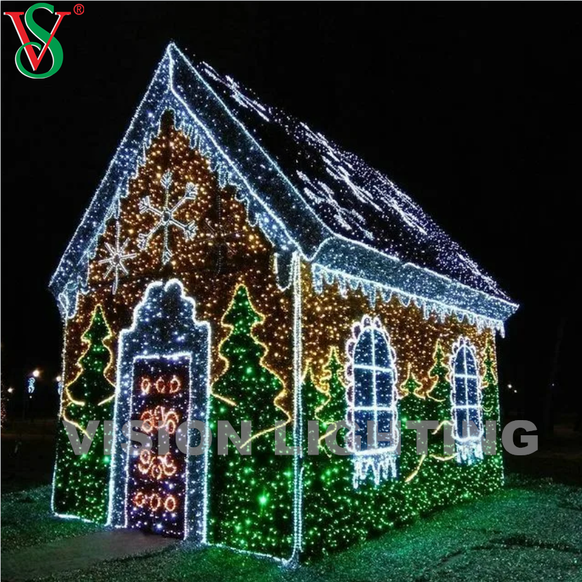 Outdoor Christmas 3d Motif Decoration Lights Led Illuminated Gingerbread House Motif Light