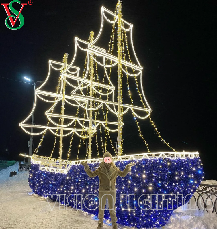 Vehicle Sculpture Decoration LED 3D Boat Motif Lights for Outdoor Holiday Decoration