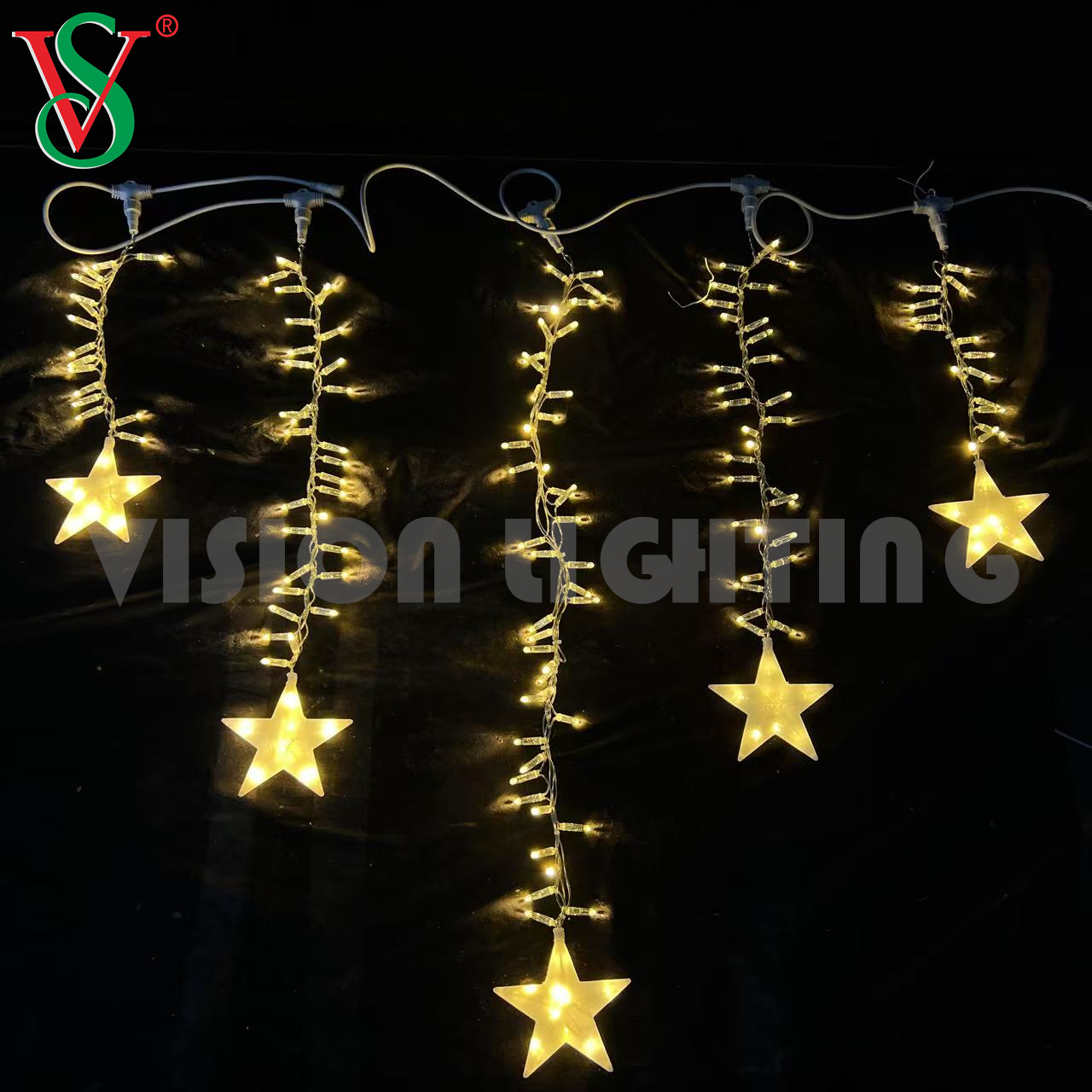 Commercial LED icicle lights installed on a building facade