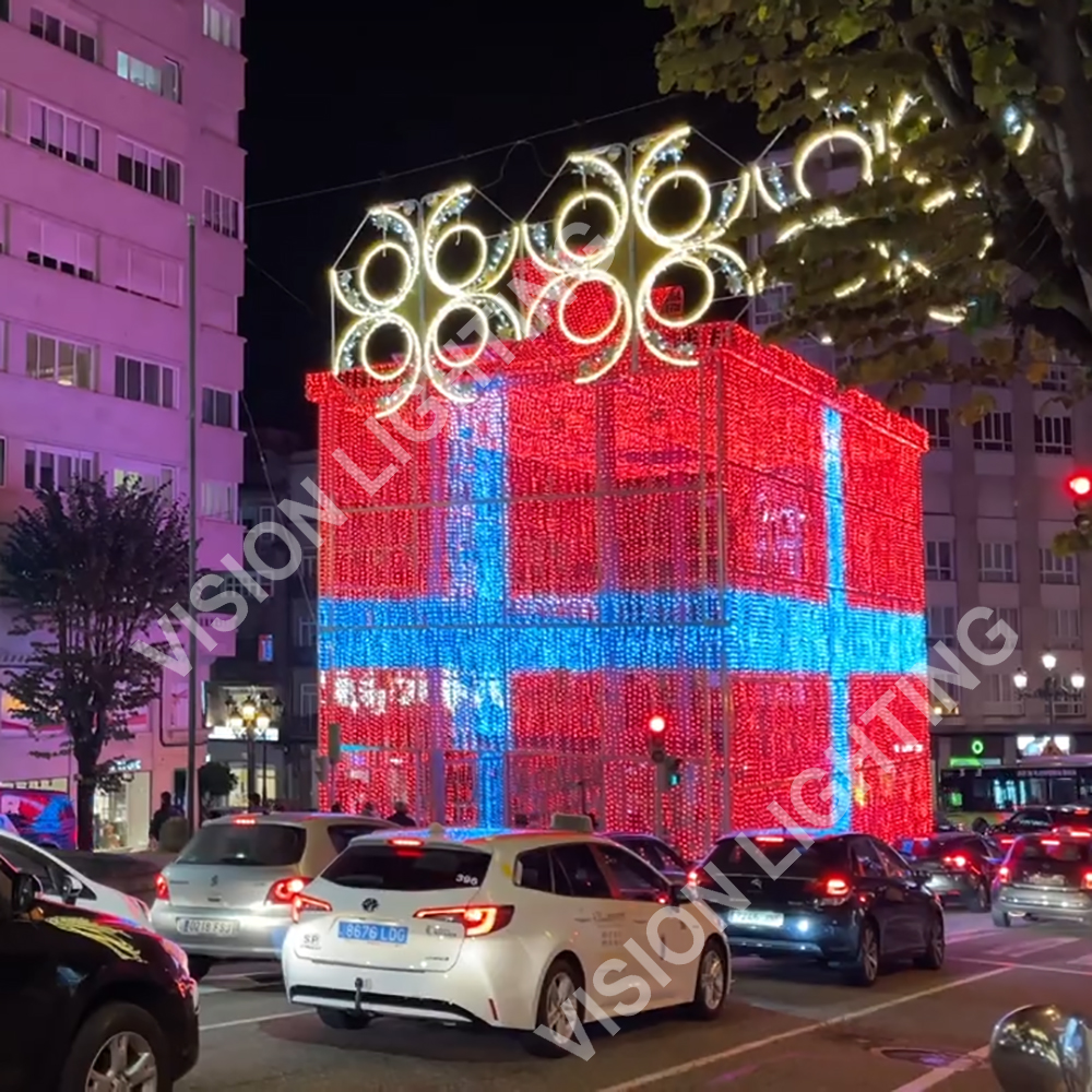 Commercial LED gift box lights in a mall atrium